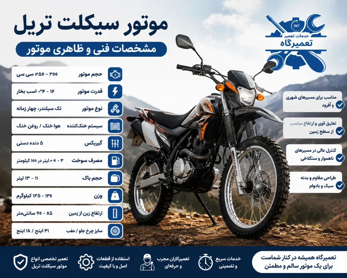 مشخصات فنی و ظاهری موتور سیکلت تریل مشخصات فنی و ظاهری موتور سیکلت تریل