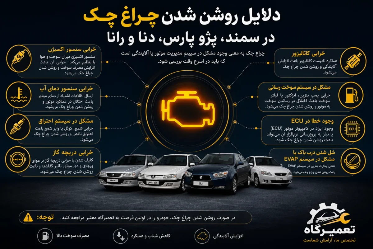 دلیل روشن شدن چراغ چک سمند،پژو پارس،دنا،رانا